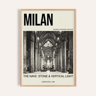 Framed Milan Architecture Art Print showing cathedral nave interior in black and white