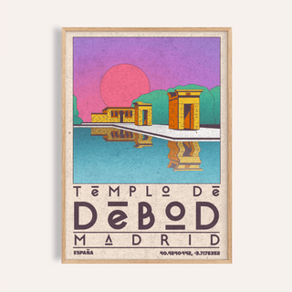 Framed close-up of Templo De Debod Art Print showing temple illustration with pink and purple sky
