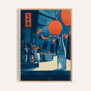 Framed Japanese Market Wall Art of an evening market stall with blue and orange lanterns