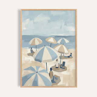 Framed Beach Umbrella Art showing six umbrellas and figures in muted blues and browns