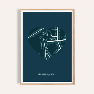 Framed Love Map Poster print featuring a dark blue heart-shaped map with street details and names