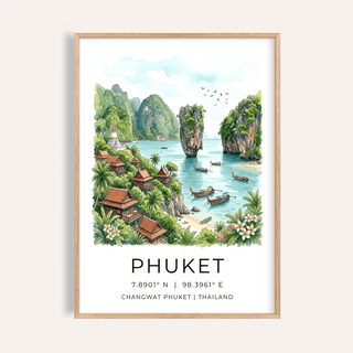 Framed Phuket art print of a beach bay scene with turquoise water and green cliffs