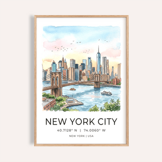 Framed New York City wall art with Brooklyn Bridge and Manhattan skyline in watercolour tones