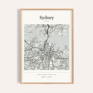Sydney Map Print — Personalised City Atlas · Natural wood frame example