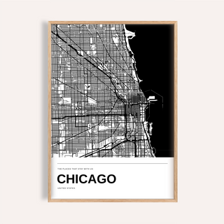 Chicago Black and White Map Print — Personalised · Natural wood frame example