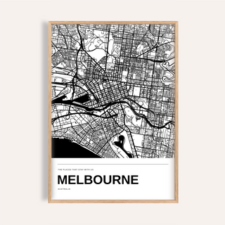 Melbourne Black and White Map Print — Personalised · Natural wood frame example
