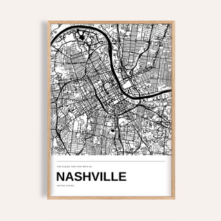 Nashville Black and White Map Print — Personalised · Natural wood frame example