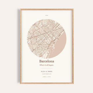 Barcelona Personalised Location Map — Our Place · Natural wood frame example