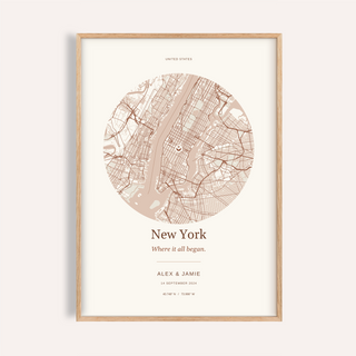 New York City Personalised Location Map — Our Place · Natural wood frame example