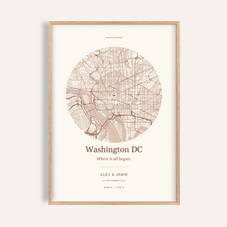 Washington DC Personalised Location Map — Our Place · Natural wood frame example