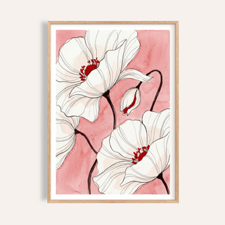 Wall Art Sets framed print of white flowers with red centres on a pink background