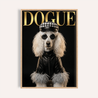 Framed Dog Fashion Print of a poodle in a black leather jacket and patterned cap on a pale wall