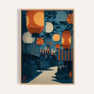 Framed print of Asian Festival Art Print with Japanese lanterns in orange and blue hues