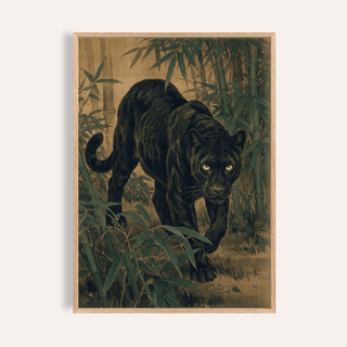 Framed Bamboo Jungle Print of a black panther in green bamboo with earthy brown tones