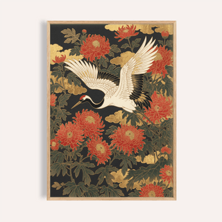 Framed Crane Floral Art Print close-up of white crane with red flowers and gold details