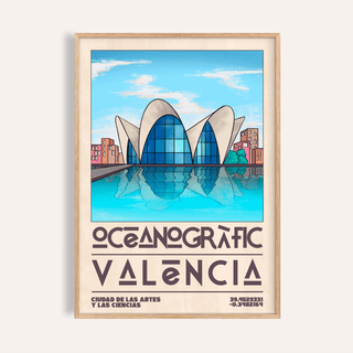 Framed Valencia Oceanographic Art Print showing oceanographic building reflected in blue water
