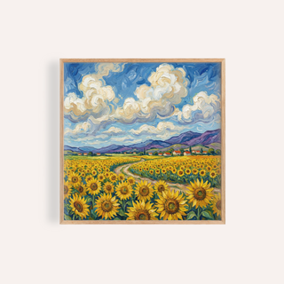 Framed Sunflower Field Poster showing a colourful watercolour sunflower field beneath a vibrant blue sky with clouds