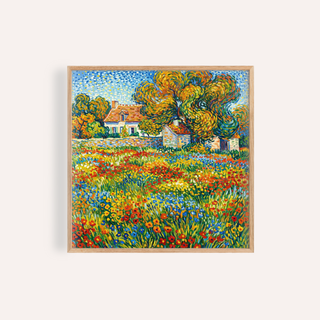 Framed colorful floral landscape art with a flower meadow and houses in watercolour style