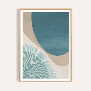 Framed modern minimalist print with abstract blue and beige shapes in a light wooden frame