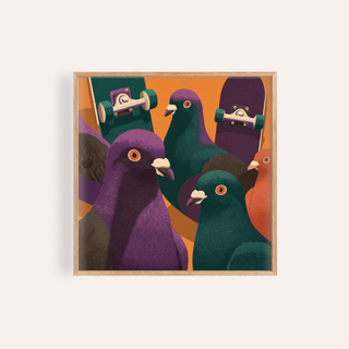 Framed Pigeon Skateboard Art showing colourful pigeons and skateboards with an orange background