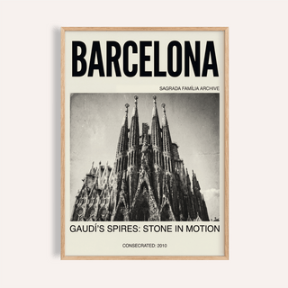 Framed print close-up of Barcelona Architecture Poster showing vintage style Sagrada Familia spires in grey tones