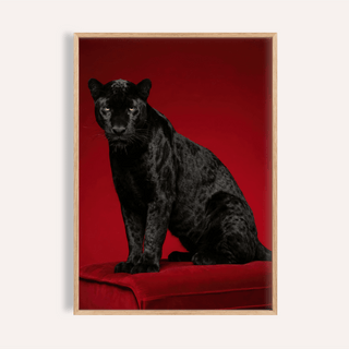 Close-up of black panther art print showing glossy black fur and red background with wooden frame