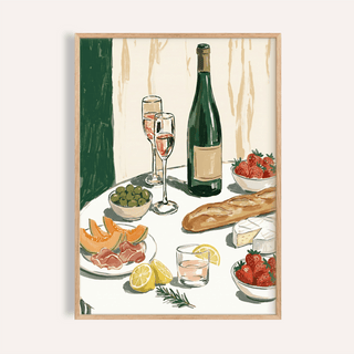 Framed Food And Wine Art Print showing picnic food with strawberries and a wine bottle in green and beige tones