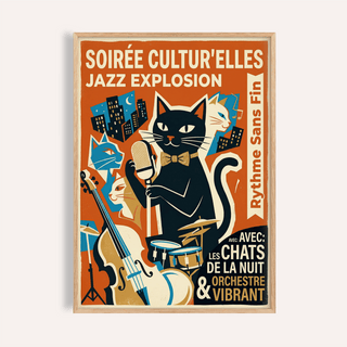 Vintage Jazz Poster showing a black cat with a microphone in an orange and blue vintage style