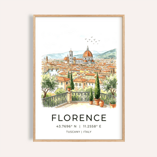 Framed Italy Travel Wall Art Florence print with watercolor cityscape and terracotta rooftops