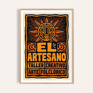 Folk Art Poster close-up of a sun face illustration in orange and black framed print