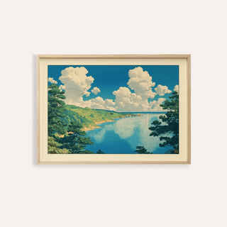 Framed print of Hasui Kawase seascape print with blue sea and white clouds