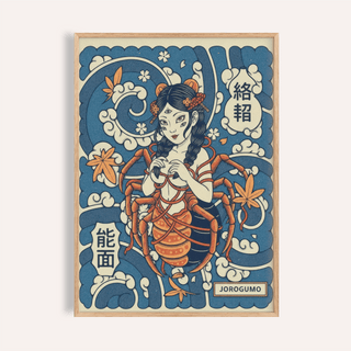 Framed print of Jorogumo art showing a spider woman with blue and orange tones