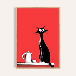 Framed close-up of whimsical cat wall art with black and white cat on red background