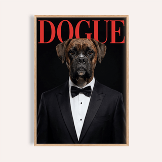 Framed Dogue poster of a boxer dog in a tuxedo on a black background
