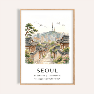 Framed print close-up of Seoul landscape art print with Korean houses and city skyline in watercolour