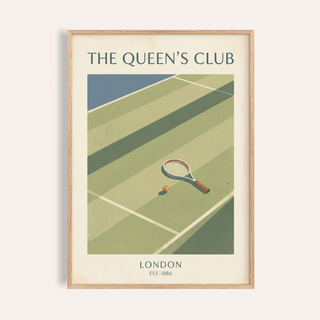 Framed Tennis Wall Art of a retro minimalist tennis racket and ball on a court in muted green tones