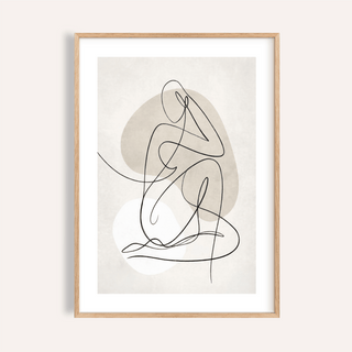 Framed print with minimalist abstract line art of a seated figure in beige and white tones
