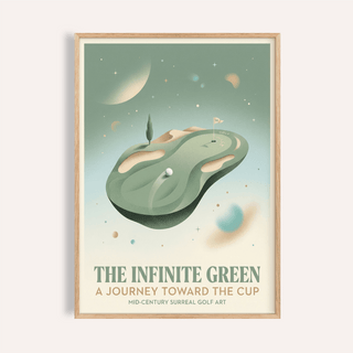 Surreal Golf Art framed print close-up of a golf putting green floating in space with stars and planets
