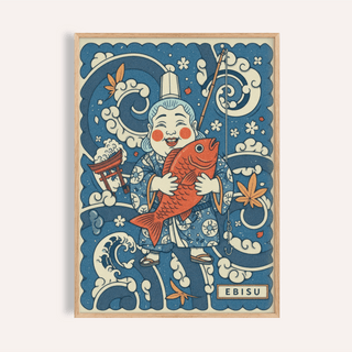 Japanese Ebisu wall art close-up showing Ebisu holding a red fish with blue and cream Japanese-ink style background