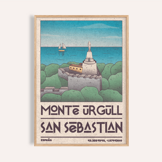 Framed San Sebastian Art Print of Monte Urgull statue with blue sea and green trees