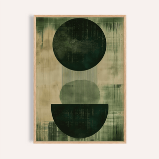 Framed Green Wabi Sabi Print with abstract geometric shapes in dark green and beige