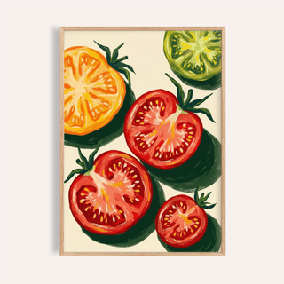 Italian Tomatoes Print with red, orange, and green colors, ideal for kitchen art print