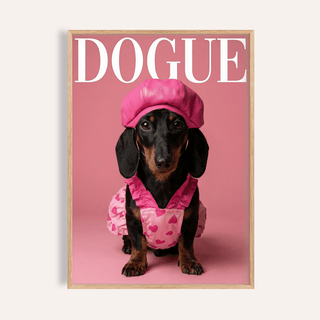 Fashion Dachshund wall art of a dog in a pink heart outfit with a matching cap