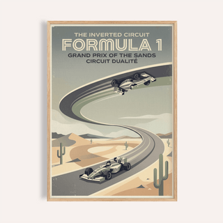 Featuring a winding desert track and two race cars, Vintage Motorsports Poster wall art with bold racing typography