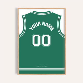 Framed Basketball Jersey Poster in Green with White Number close-up showing text Your Name and number 00