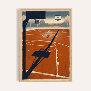 Framed print of outdoor sports wall art showing a basketball hoop and ball in retro style with rust and blue tones