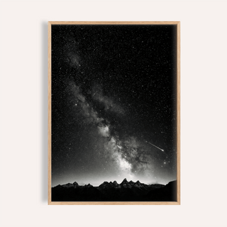 Framed Starry Night Poster showing milky way over mountain peaks in black and white