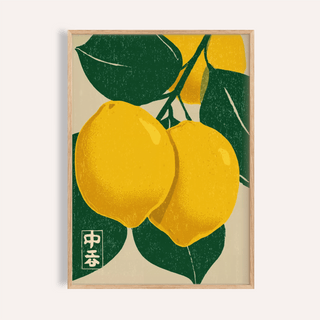 Large Citrus Fruit Art Print of yellow lemons with green leaves in a minimalist Japanese ink style