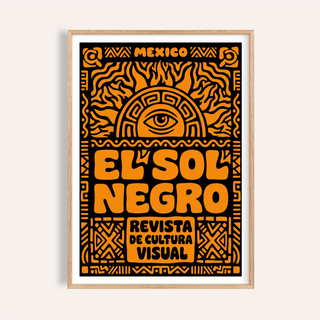 Framed print close-up of Mexican Culture Art Print with orange and black folk-art style sun and text
