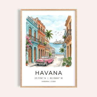Close-up of Havana wall art featuring a pink vintage car and colourful buildings framed in light wood